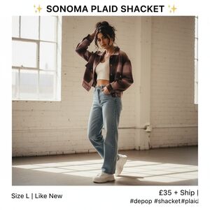 Sonoma L‎ Cropped Shacket Jacket Plaid Flannel Wool Feel Red Pink Brown Button